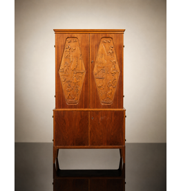 1950's RARE SWEDISH CABINET WITH PAIR OF RELIEF DECORATED DOORS