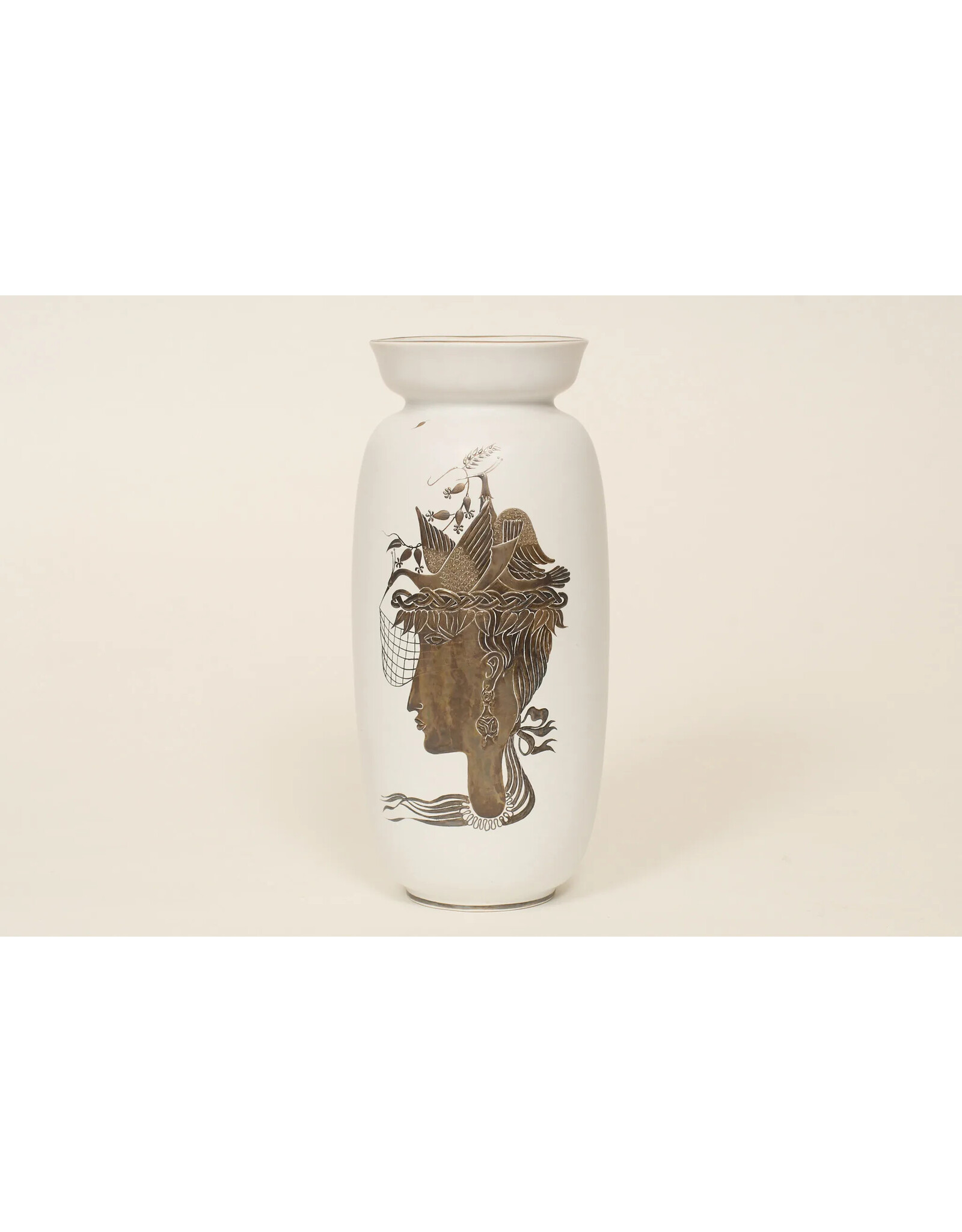 1950'S GRAZIA STONEWARE VASE WITH SILVER INLAY PORTRAIT OF A LADY WITH BIRDS