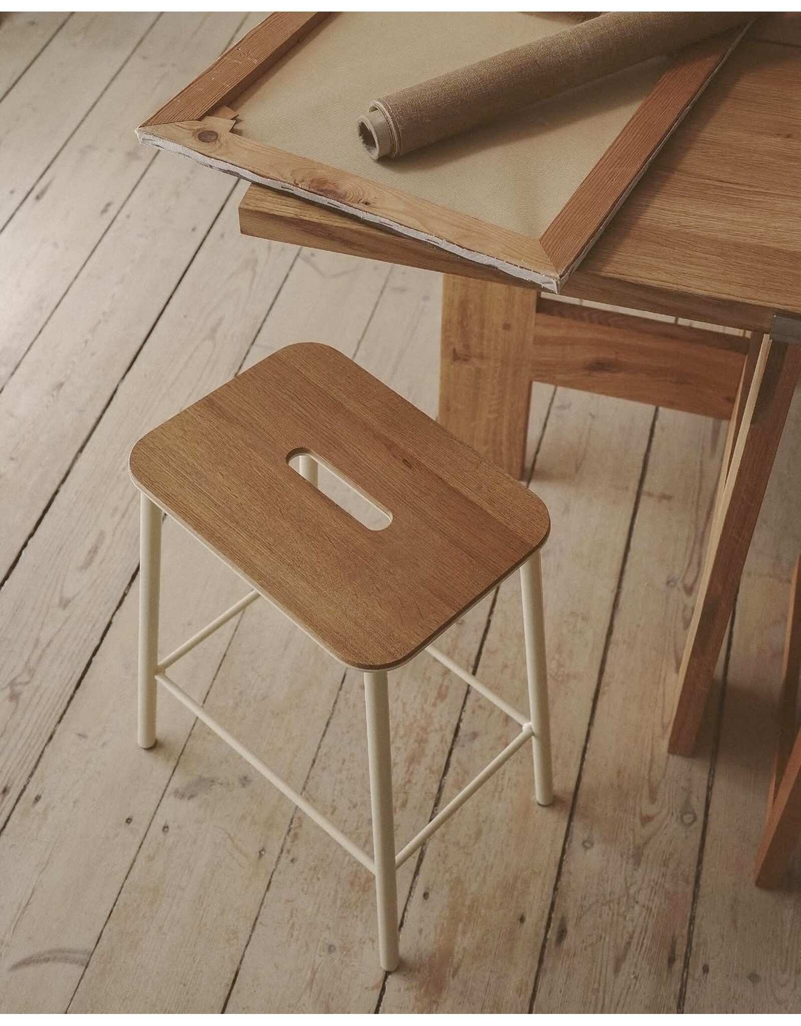 ADAM STOOL IN OAK SEAT WITH WARM WHITE FRAME
