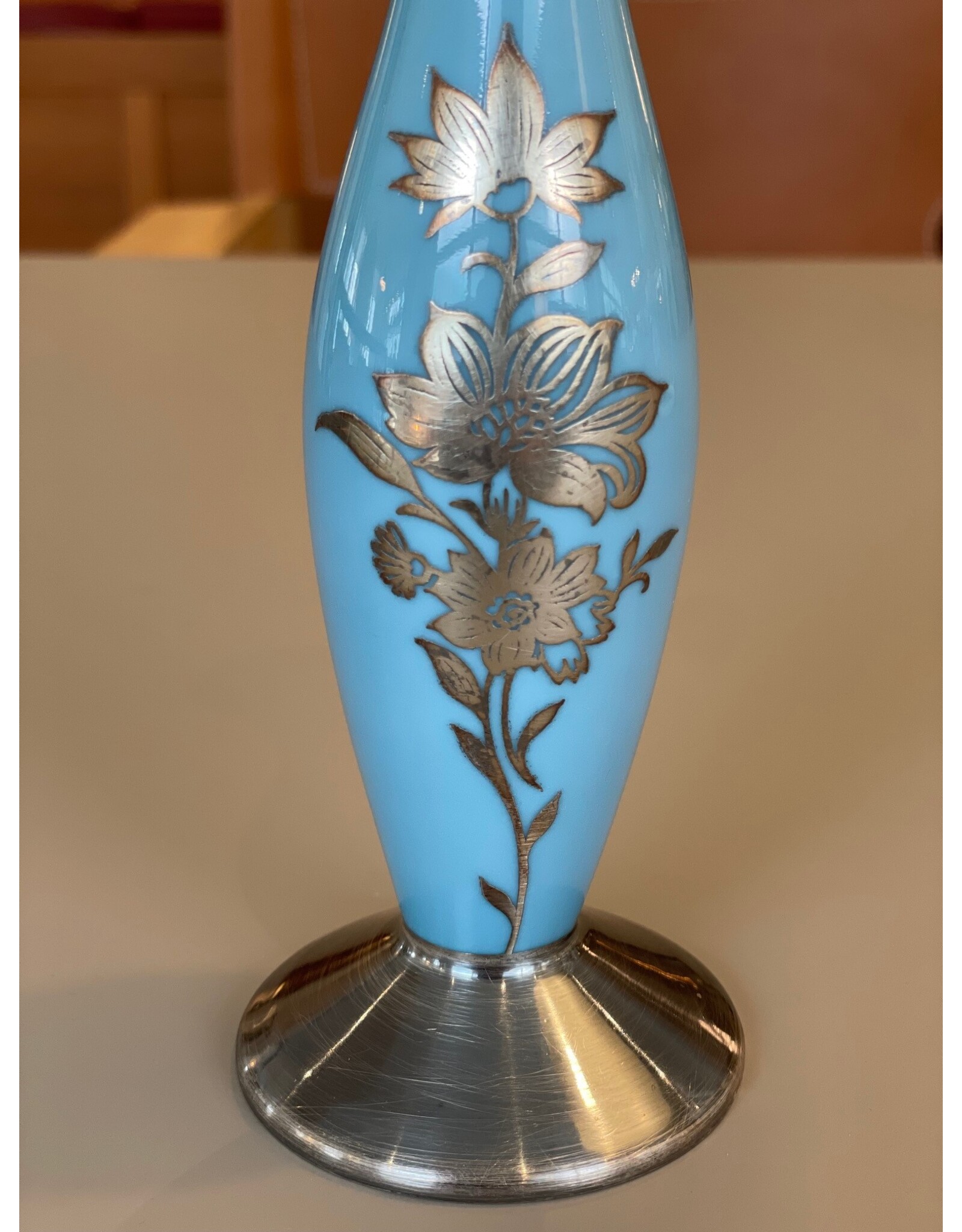 PORCELAIN TURQUOISE GLAZE WITH SILVER OVERLAY VASE