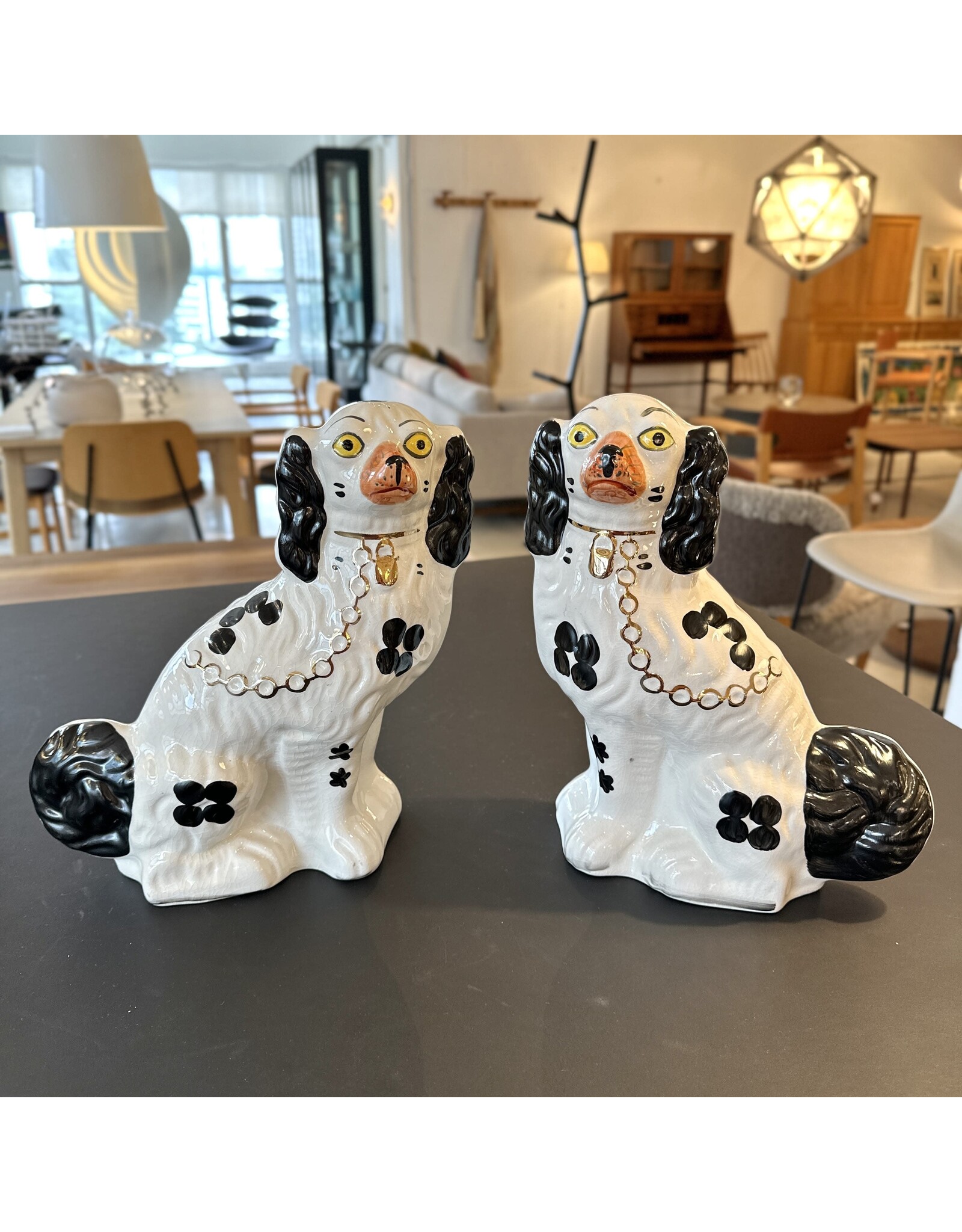 PAIR OF HAND PAINTED STAFFORDSHIRE SPANIELS