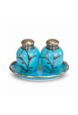 PAIR OF PORCELAIN TURQUOISE GLAZE WITH SILVER OVERLAY SALT & PEPPER SHAKERS
