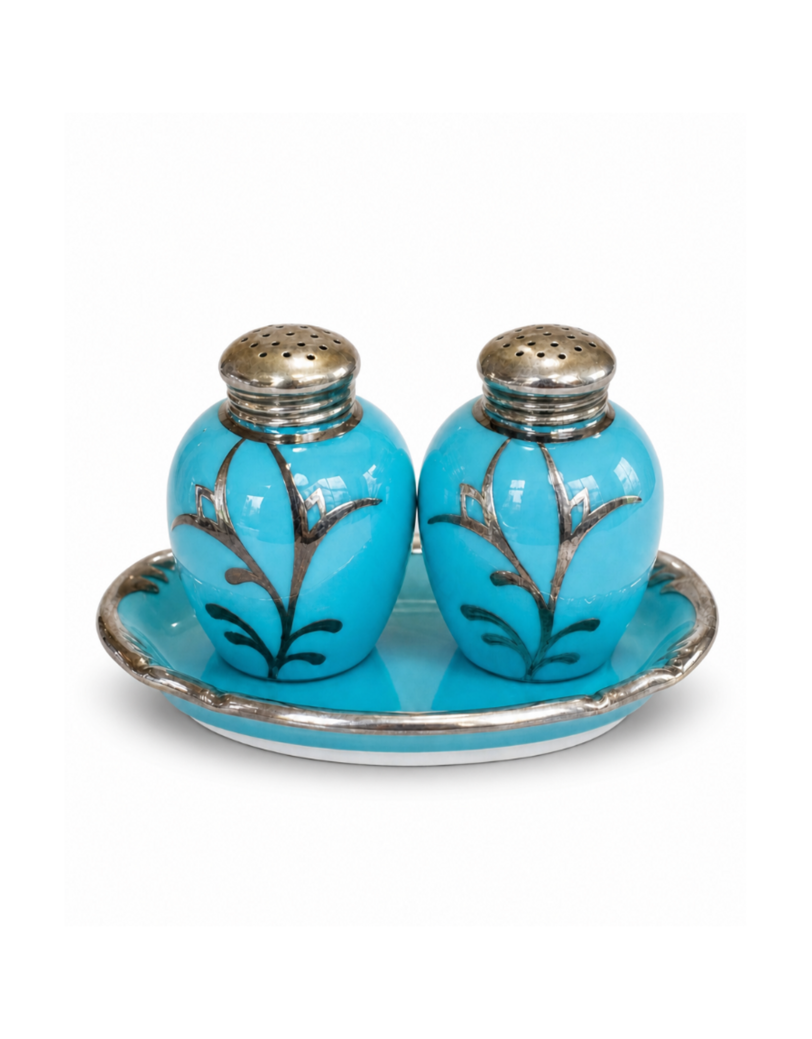 PAIR OF PORCELAIN TURQUOISE GLAZE WITH SILVER OVERLAY SALT & PEPPER SHAKERS