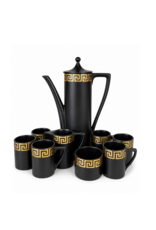 PORTMEIRION BLACK AND GOLD GREEK KEY COFFEE SET FOR 6 PERSONS