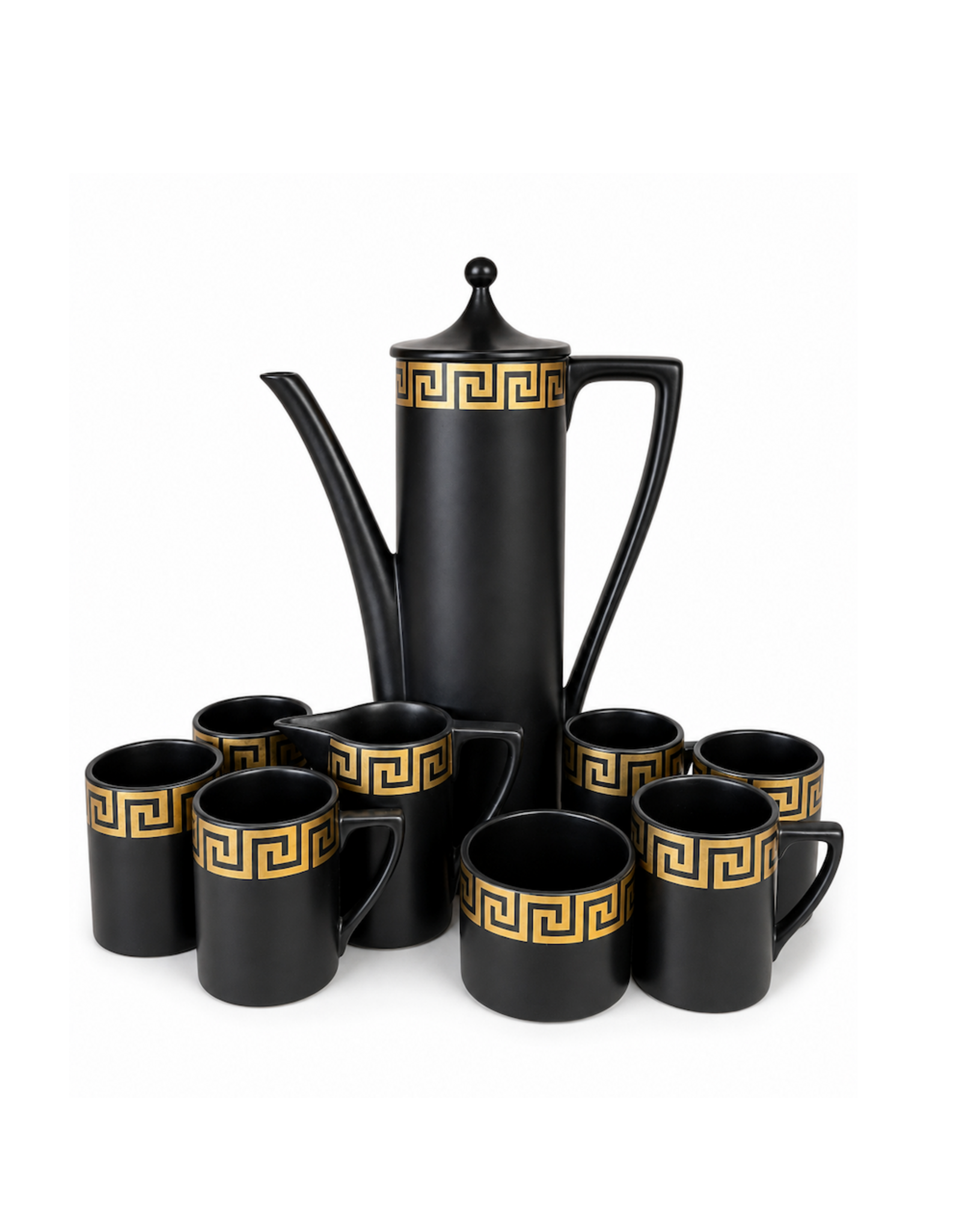 PORTMEIRION BLACK AND GOLD GREEK KEY COFFEE SET FOR 6 PERSONS