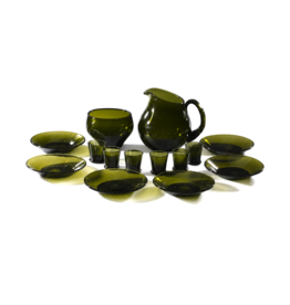 TUPA HAND-BLOWN MOSS-GREEN GLASS LIQUEUR SERVICE