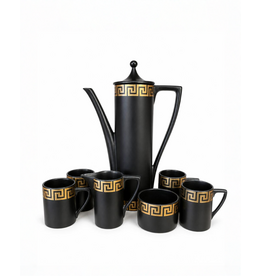 PORTMEIRION BLACK AND GOLD GREEK KEY COFFEE SET FOR 4 PERSONS