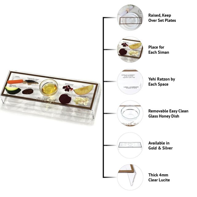 Waterdale Set of Four Simanim Tray 12"x4"x2" Stands Over Plate Gold (Includes Glass Honey Dish Insert)