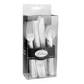 Lillian Collection Plastic Cutlery Combo Box | Silver Glitter | Pack of 48