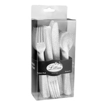 Lillian Collection Plastic Cutlery Combo Box | Silver Glitter | Pack of 48