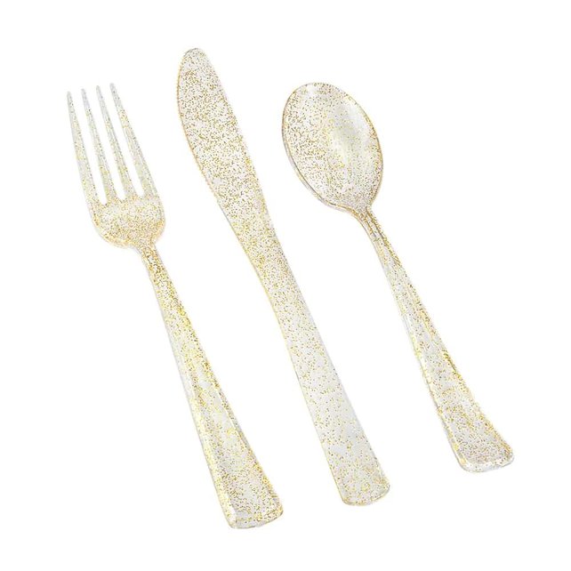 Lillian Collection Plastic Cutlery Combo Box | Gold Glitter | Pack of 48