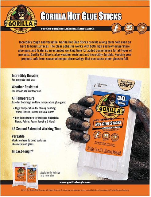 Gorilla Hot Glue Sticks, Mini Size, 4" Long x 0.27" Diameter, 30 Count, Clear