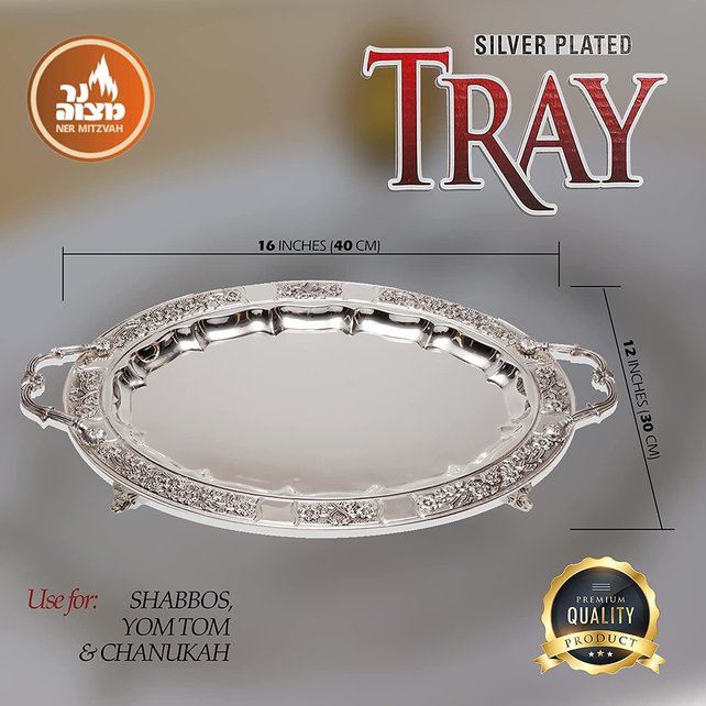 Plateau Ovale Plaqué Argent Ner Mitzva avec Poignées - 40X30cm