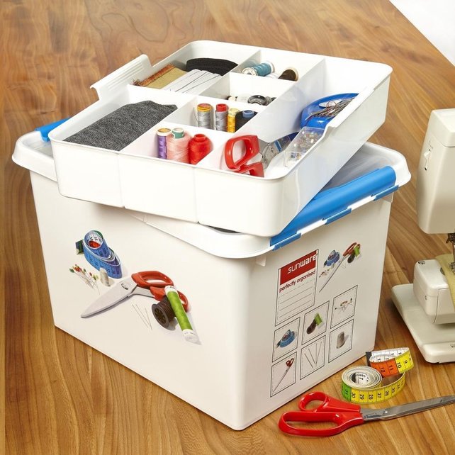 Sunware Sewing box with Tray 22L White Blue - 40 x 30 x 26 cm -Q-line