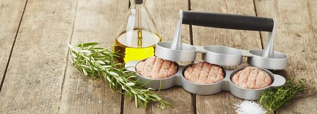 Point-Virgule Hamburgerpresse – mit Rillen – für 3 Mini-Burger – Aluminium – Ø 6,8 cm