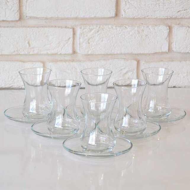 LAV Authentic 6 Turkish Tea Glasses with Saucers, Clear Tea Cups, 133 ml