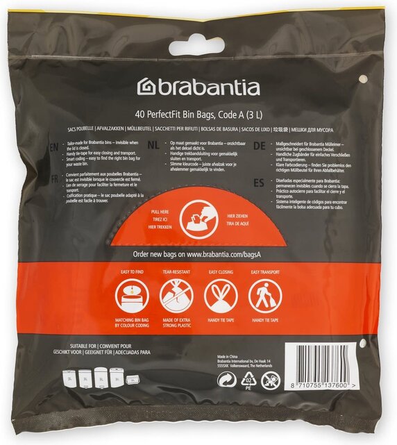 Brabantia PerfectFit Müllbeutel Code A (3 Liter), 40 Beutel im Spenderpack – Weiß