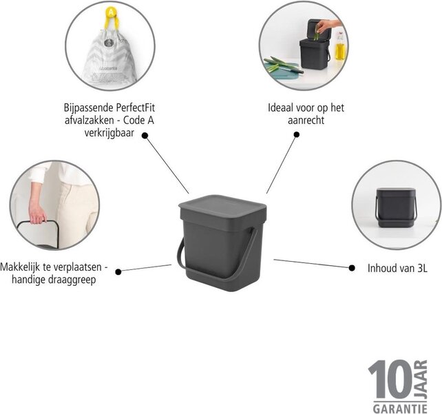 Brabantia Sort & Go Small Waste Bin - 3 litre - Dark Grey