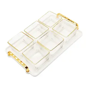 Classic Touch 6-Schalen-Servierschale, weißes Tablett mit Glasschalen mit Goldbesatz – 34 x 22 cm
