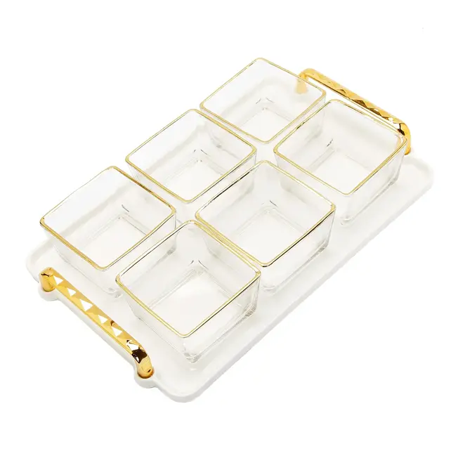 Plat de service Classic Touch à 6 bols, plateau blanc avec bols en verre bordés d'or