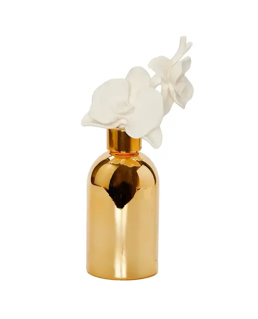 Vivience Gold Bottle Diffuser With Gold Cap And White Flower, "Lily Of The Valley" Scent