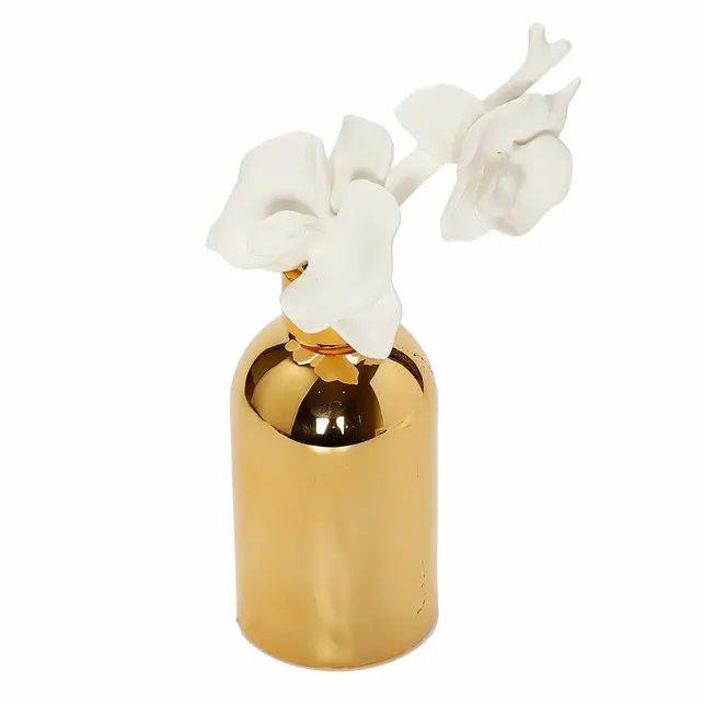 Vivience Gold Bottle Diffuser With Gold Cap And White Flower, "Lily Of The Valley" Scent