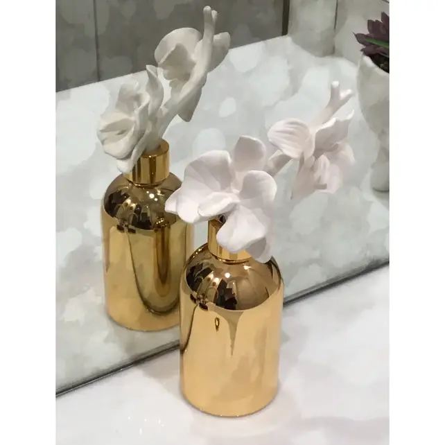 Vivience Gold Bottle Diffuser With Gold Cap And White Flower, "Lily Of The Valley" Scent