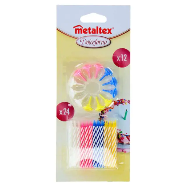 Metaltex Verjaardagskaarsen 24 Stuks + 12 Houders