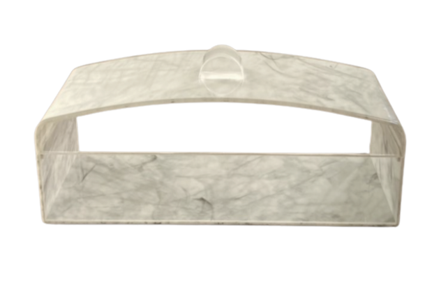 Luxuriöses rechteckiges Kuchendisplay mit abgerundeten Kanten und Marmordesign, Lucite