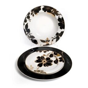 Novel New Bone China Dinner Set Black Flower 18 Pcs