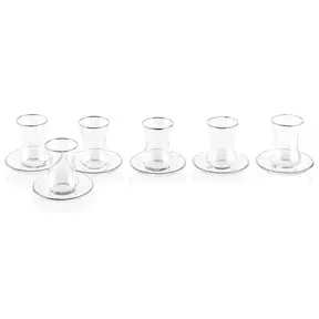 Waterdale Classic Glass Cups & Saucers Silver Rim Set Of 6