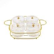 Paldinox 4 Glass Round Bowls Set With Lid S/S Gold Rack 4 Gold With Spoons h7/27.5/20cm