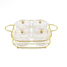 Paldinox 4 Glass Round Bowls Set With Lid S/S Gold Rack 4 Gold With Spoons h7/27.5/20cm