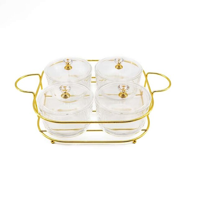 Paldinox 4 Glass Round Bowls Set With Lid S/S Gold Rack 4 Gold With Spoons h7/27.5/20cm