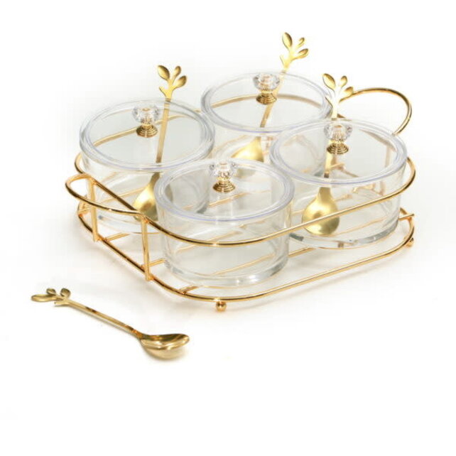 Paldinox 4 Glass Round Bowls Set With Lid S/S Gold Rack 4 Gold With Spoons h7/27.5/20cm