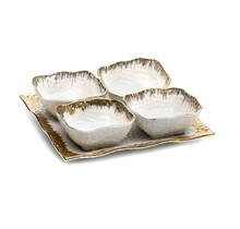 Paldinox White and Gold Bowl Set of 4 Ceramic Square Bowls on Square Tray