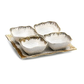 Weiß-goldenes Schüssel-Set mit 4 Quadratischen Keramikschüsseln auf Tablett