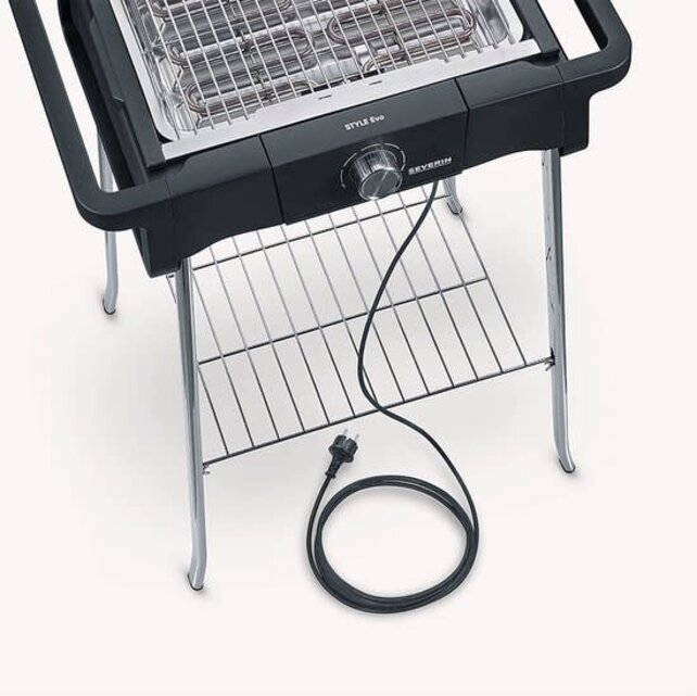 SEVERIN Style Evo Electric Grill With Stand Frame and Storage Rack, Standing Grill With Quick Grill Start Up To 350 °C, Balcony Grill With Optimal Heat Distribution, Black