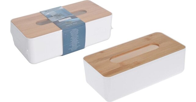 Tissue Box Rectangular White Plastic and Bamboo