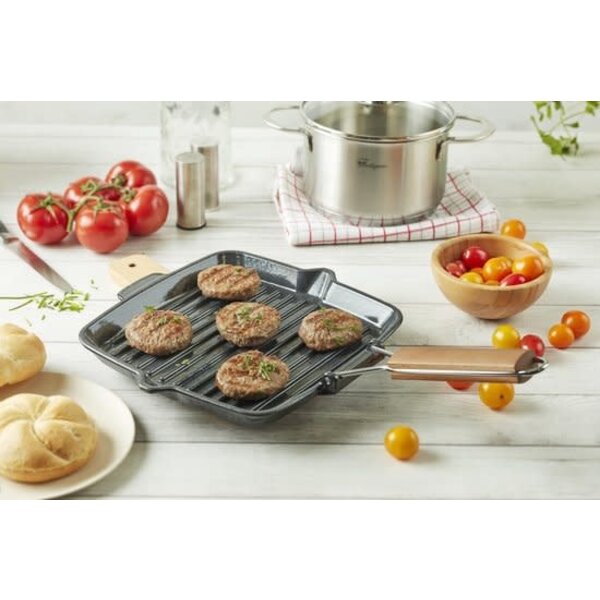 Poêle à Griller OlBuWa Fonte 28 Cm - Acier Carbone Antiadhésif - Poignée Bois Pliable - Pour Steak Et Poisson