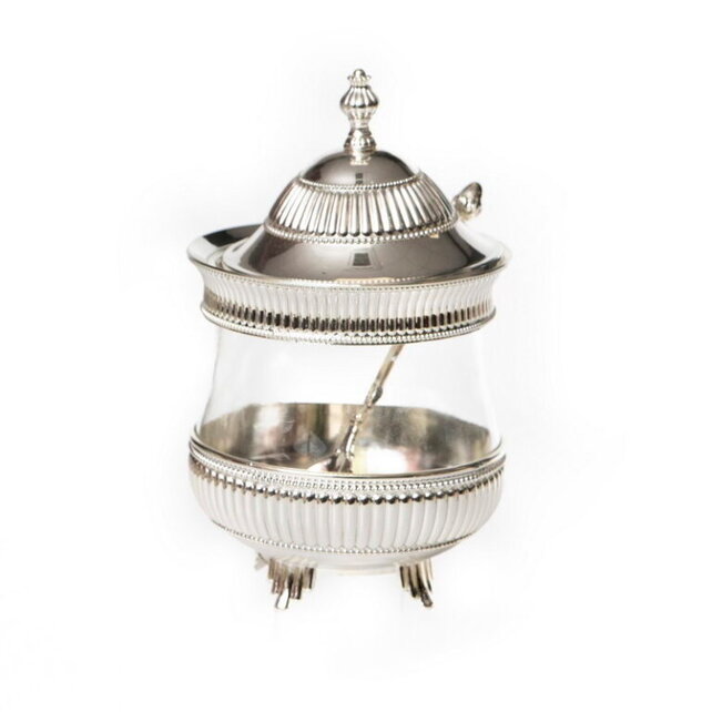 Paldinox  Silver plated honey dish with spoon and glass bowl