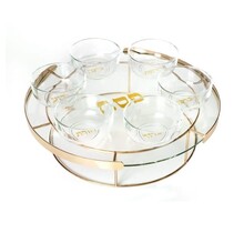 Paldinox Glass Passover Seder Tray on Gold Stand with Glass Bowls