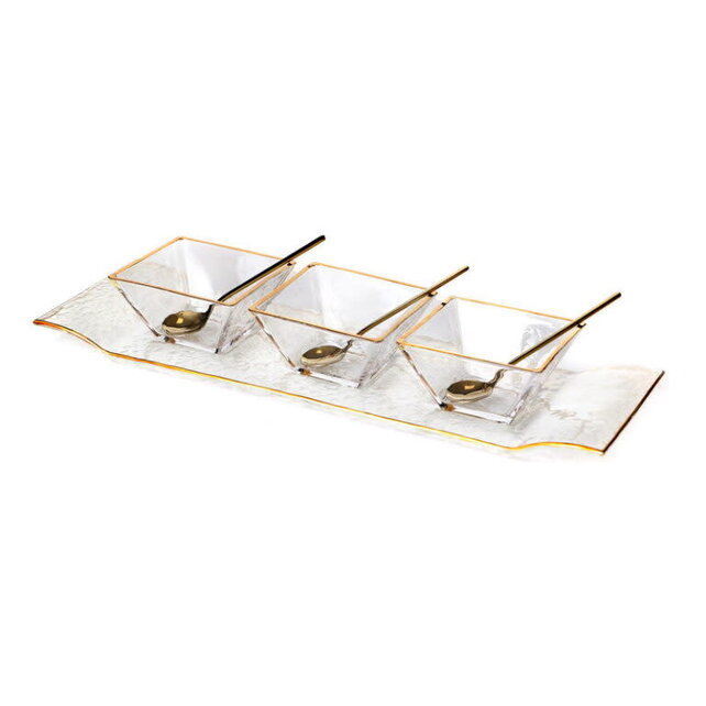 Paldinox hammered glass tray with three bowls and spoons