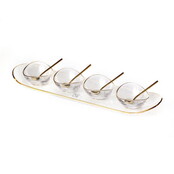 Paldinox  glass tray with four bowls and spoons in gold rim