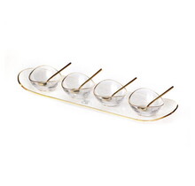 Paldinox  glass tray with four bowls and spoons in gold rim