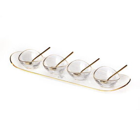 glass tray with four bowls and spoons in gold rim