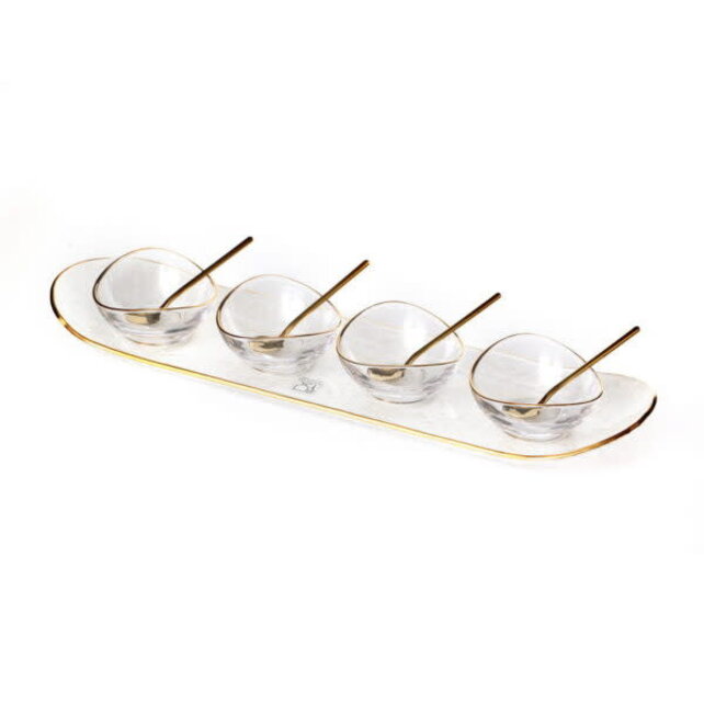 Paldinox Glazen dienblad met vier kommen en lepels met gouden rand