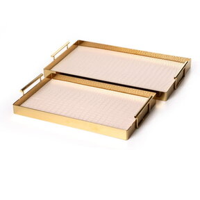 Set aus 2 rechteckigen Tabletts weiß-creme mit mattgoldenem Rahmen