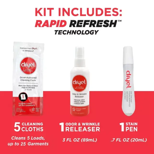 Dryel Starter Kit – Includes 5 Cloths, Stain Pen, Wrinkle Release
