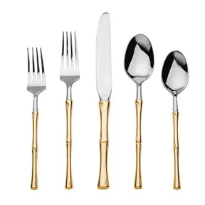 Rattan Mirrored Accented Gold  Stainless Steel 20 Piece Flatware